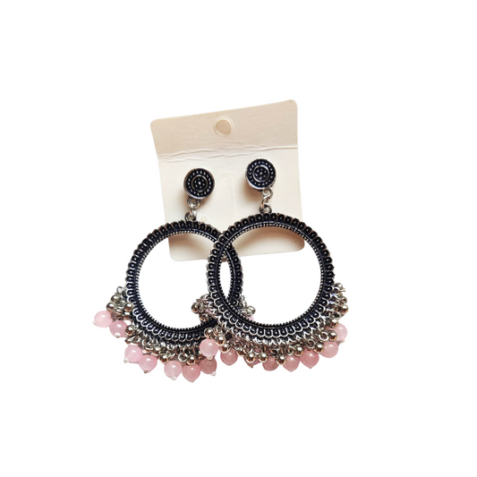 Silver Round Jhumka- Baby Pink